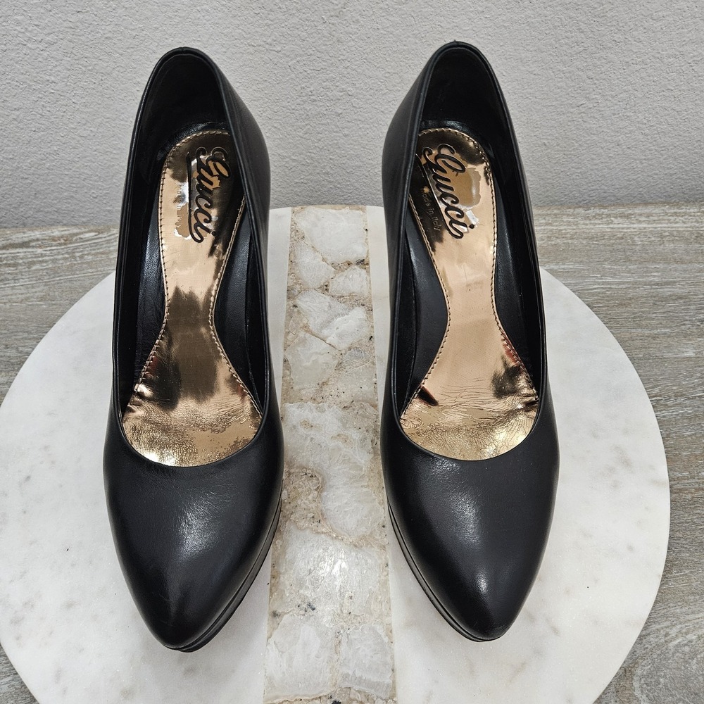 Gucci Black Leather Platform Pumps Heels Sz 37 US 7 - Picture 2 of 14